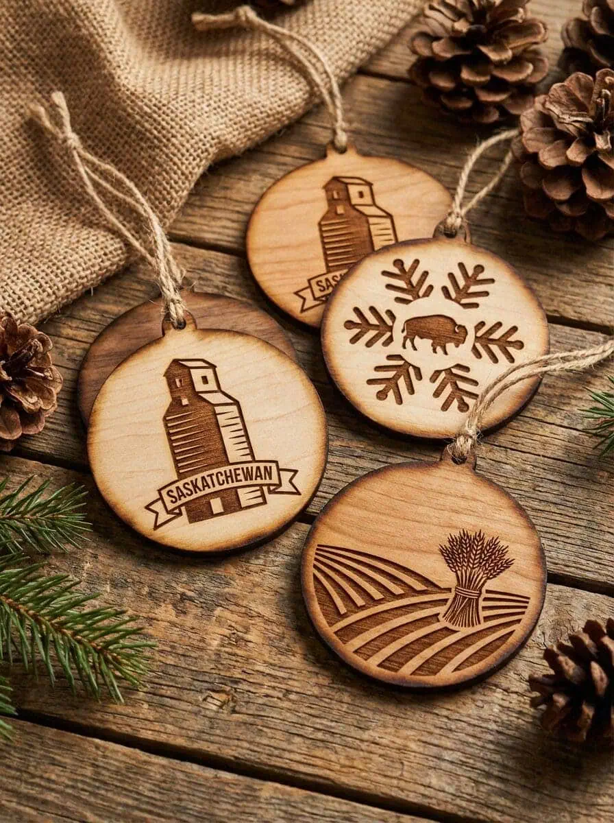 Saskatchewan handmade wooden ornaments laser-engraved custom designs for Christmas weddings milestones