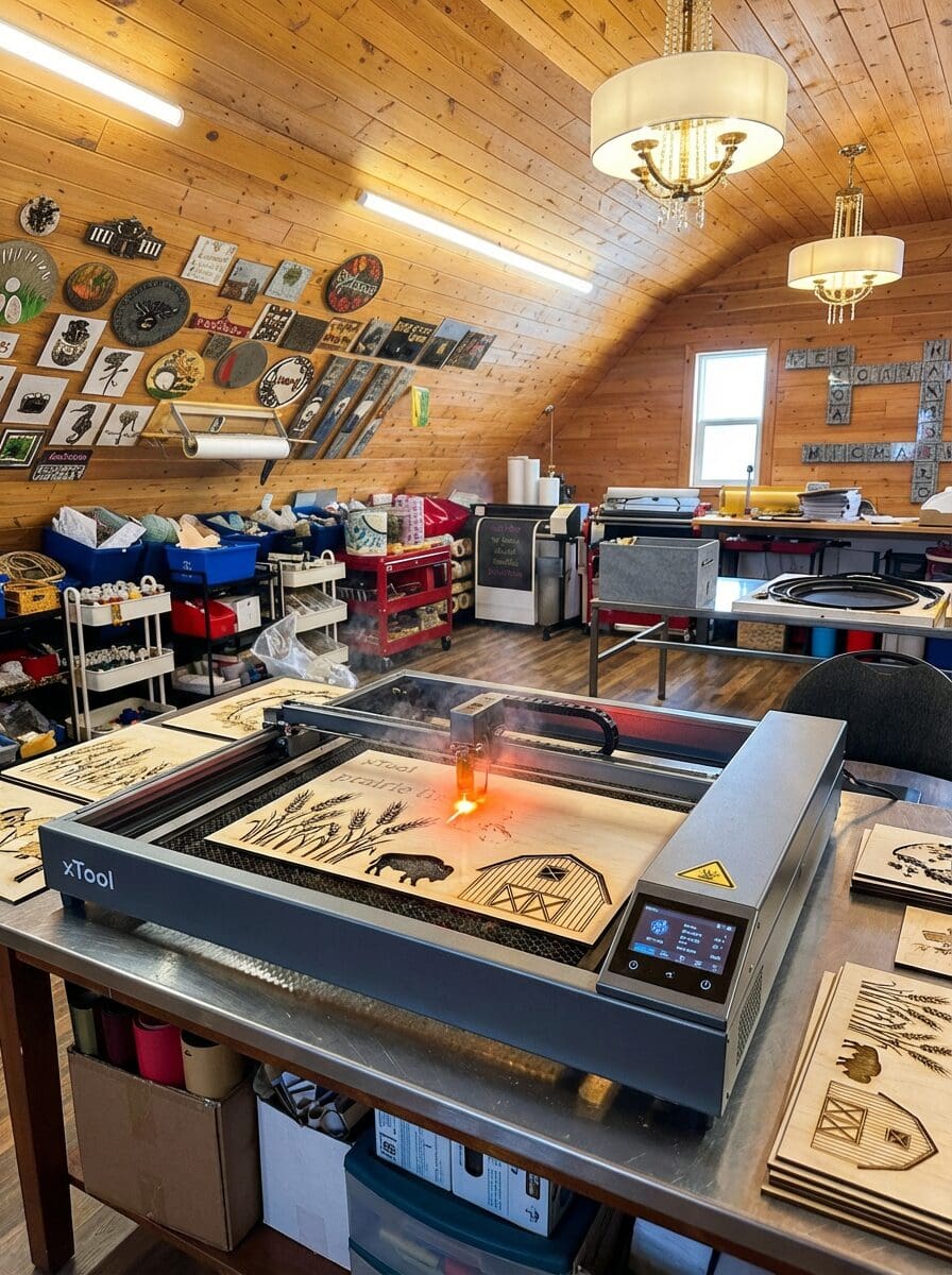 xTool laser cutting equipment creating custom Saskatchewan designs in St. Gregor workshop Grey Barn Handwerk