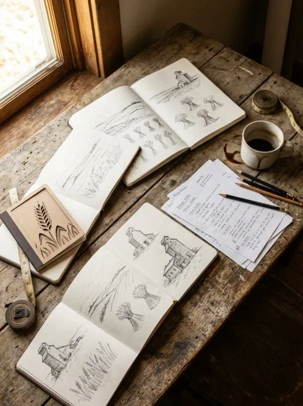 Laser cut designs Saskatchewan sketches and planning on workbench at Grey Barn Handwerk workshop St. Gregor