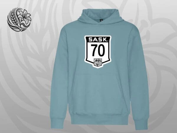 Custom Saskatchewan Highway Sign Bunnyhug with personalised highway number in blue mist featuring Forever Laser Dark print