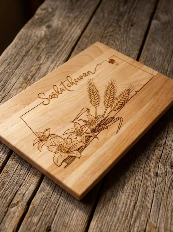 Saskatchewan cutting board made from Canadian maple with laser-engraved prairie lily and wheat design