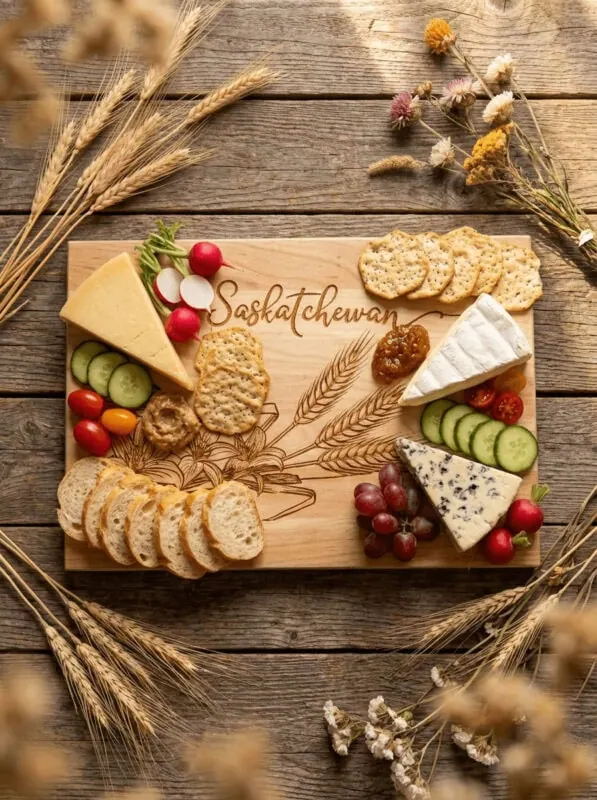 Saskatchewan cutting board used as serving board with cheese and charcuterie display Canadian maple