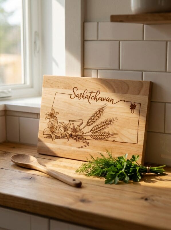 Saskatchewan maple cutting board displayed as kitchen décor on farmhouse counter with prairie styling
