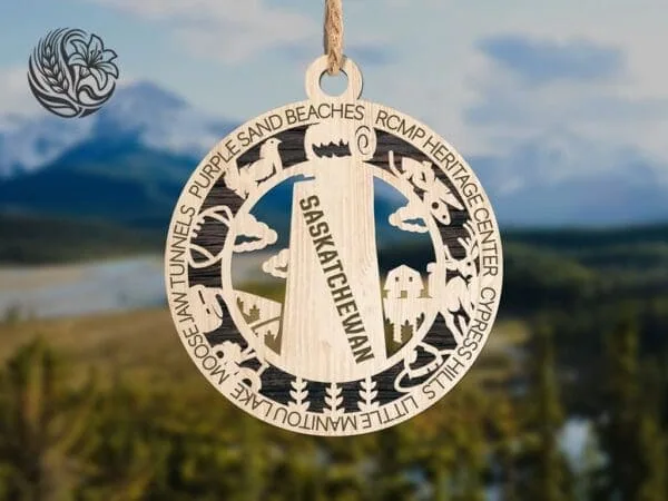 Saskatchewan wooden ornament with laser-cut prairie landmarks hanging against blue sky