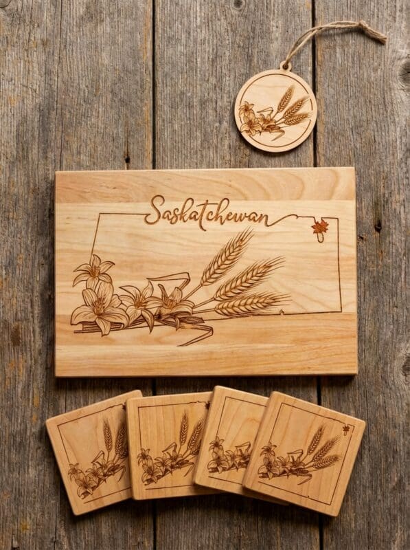 Saskatchewan cutting board with matching prairie-themed home décor products handmade in St. Gregor