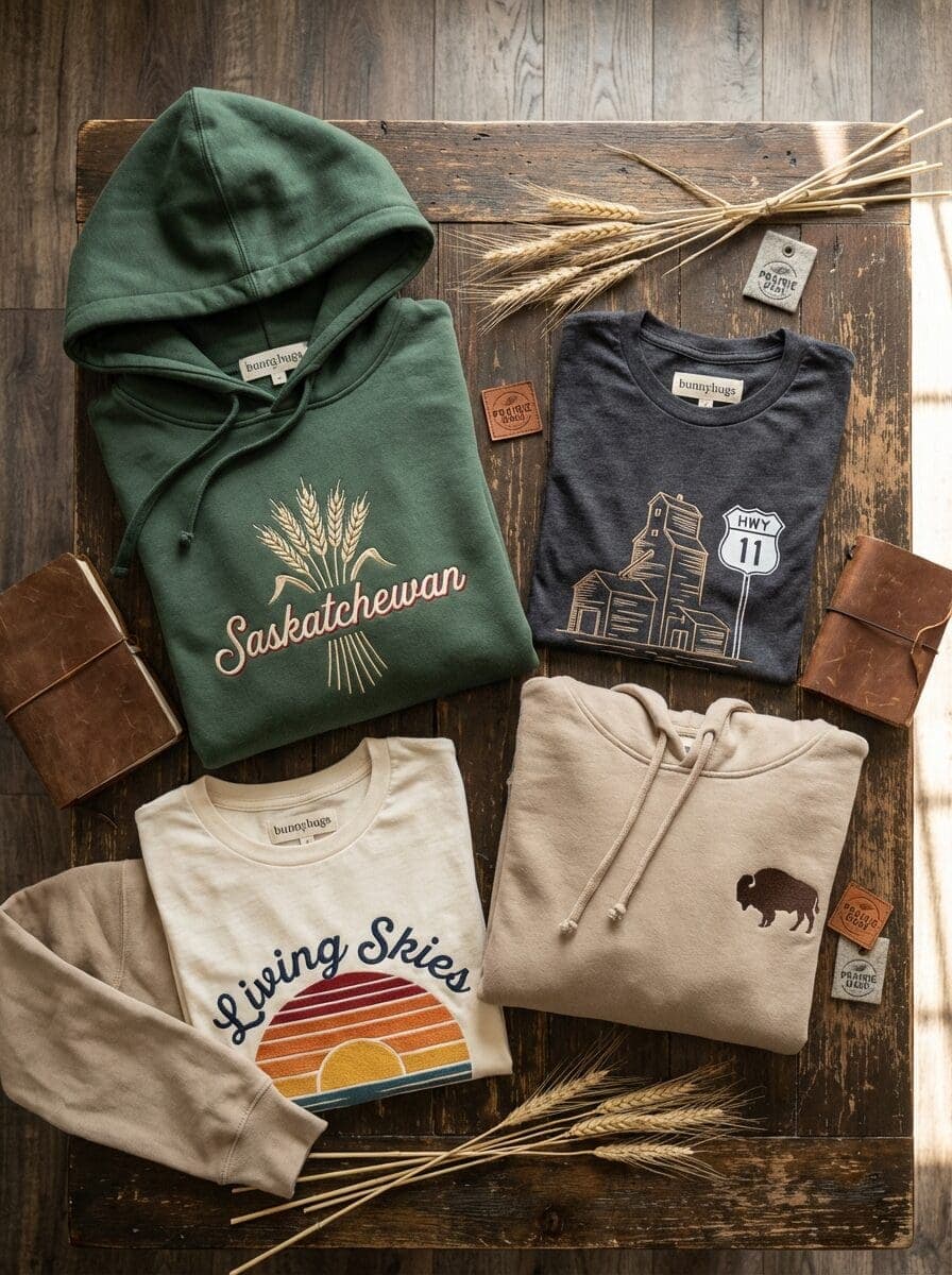 Saskatchewan handmade apparel custom bunnyhugs hoodies t-shirts prairie-themed clothing designs