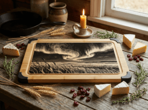 Prairie Cutting Board with laser-engraved Saskatchewan prairie design on natural bamboo surface