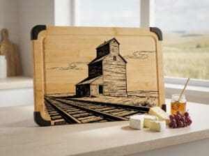 Elevator and Train Track Cutting Board showing laser-engraved Saskatchewan grain elevator and railway tracks on natural bamboo surface