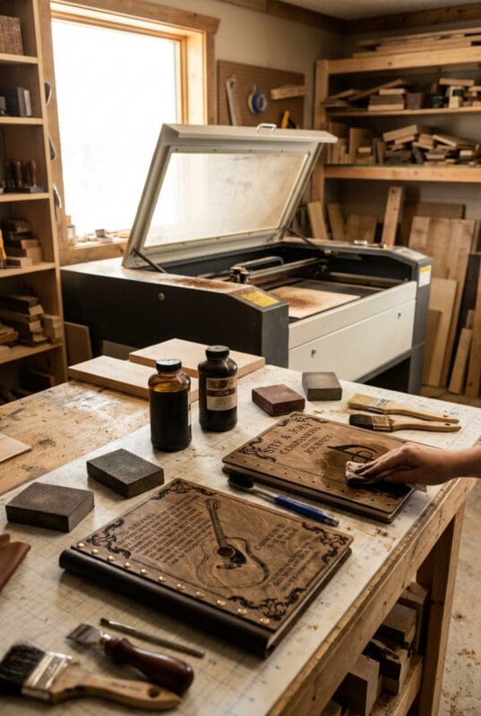 Custom wedding songbook creation workshop process wood covers laser engraving Grey Barn Saskatchewan