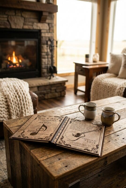 Custom wedding songbook open on coffee table anniversary celebration home lifestyle Saskatchewan