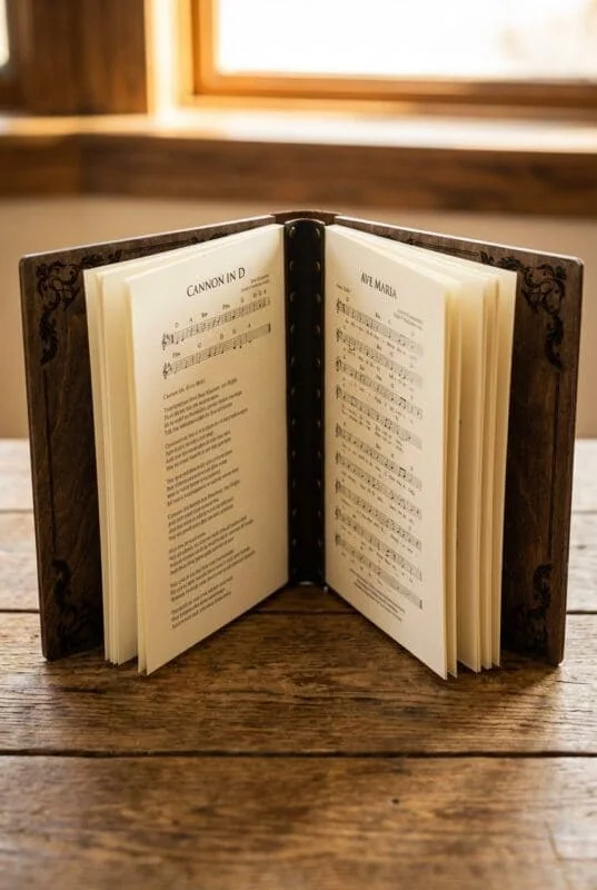 Custom wedding songbook interior pages song lyrics printed archival paper leather binding Saskatchewan