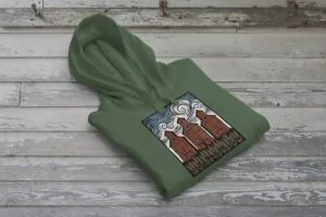 GBH00003-three-elevators-koi2250-balsam-green Three Elevators Bunnyhug displayed on premium cotton-poly hoodie showcasing grain elevator design