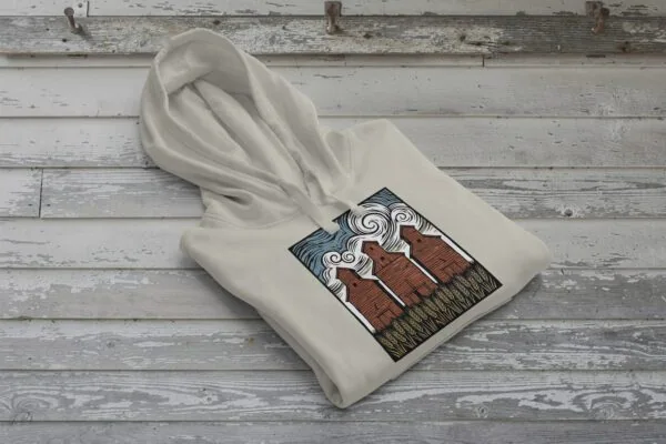 Three Elevators Bunnyhug displayed on premium cotton-poly hoodie showcasing grain elevator design