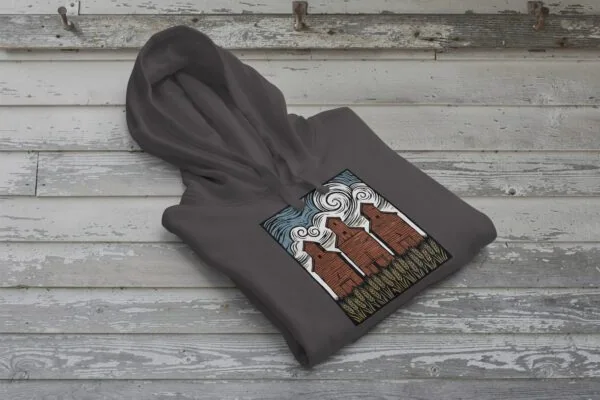 Three Elevators Bunnyhug displayed on premium cotton-poly hoodie showcasing grain elevator design