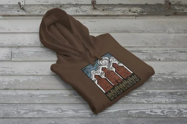 Three Elevators Bunnyhug displayed on premium cotton-poly hoodie showcasing grain elevator design