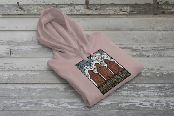 Three Elevators Bunnyhug displayed on premium cotton-poly hoodie showcasing grain elevator design