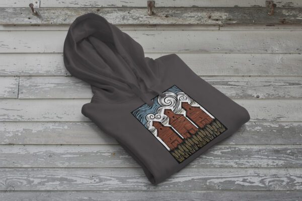 Three Elevators Bunnyhug displayed on premium cotton-poly hoodie showcasing grain elevator design