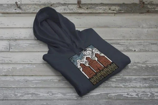 Three Elevators Bunnyhug displayed on premium cotton-poly hoodie showcasing grain elevator design