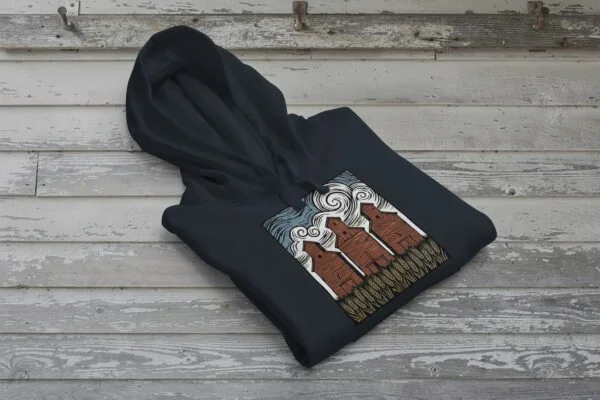 Three Elevators Bunnyhug displayed on premium cotton-poly hoodie showcasing grain elevator design