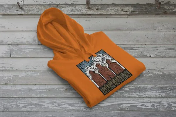 Three Elevators Bunnyhug displayed on premium cotton-poly hoodie showcasing grain elevator design