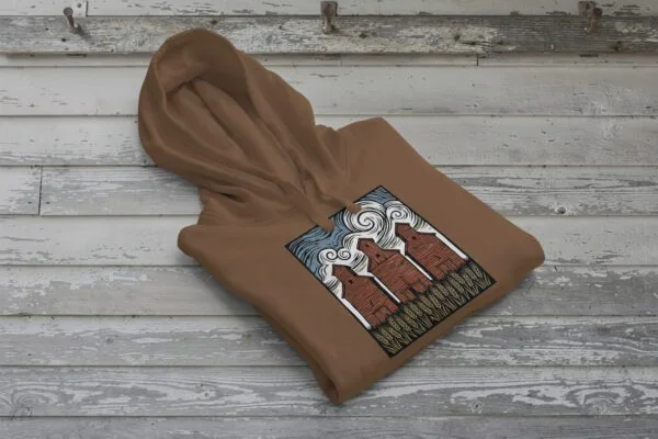 Three Elevators Bunnyhug displayed on premium cotton-poly hoodie showcasing grain elevator design