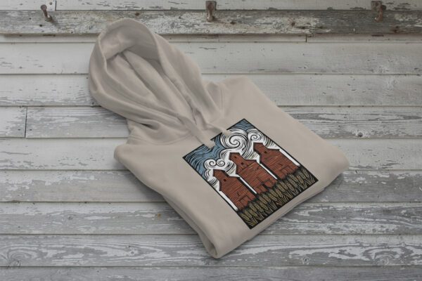 Three Elevators Bunnyhug displayed on premium cotton-poly hoodie showcasing grain elevator design