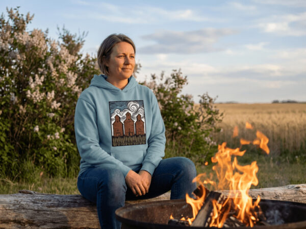 Three Elevators Bunnyhug displayed on premium cotton-poly hoodie showcasing grain elevator design