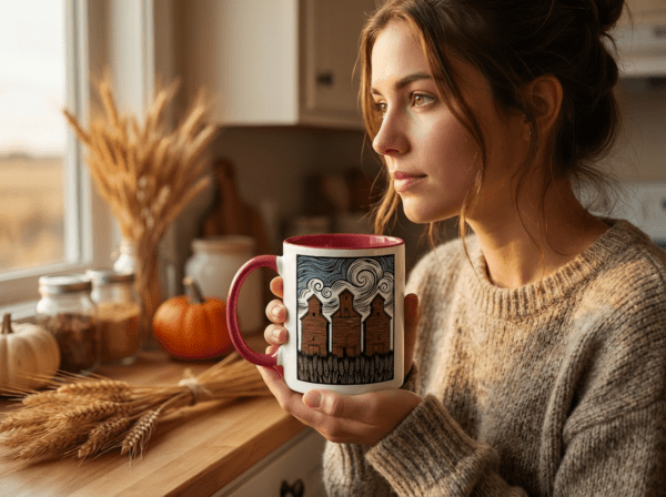 Three Elevators 15oz Mug with white exterior and coloured interior showing grain elevator design
