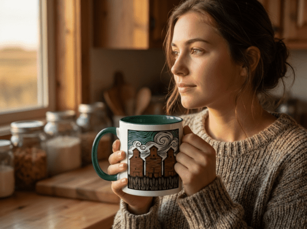 Three Elevators 15oz Mug with white exterior and coloured interior showing grain elevator design