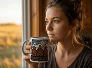 Three Elevators 15oz Mug with white exterior and coloured interior showing grain elevator design