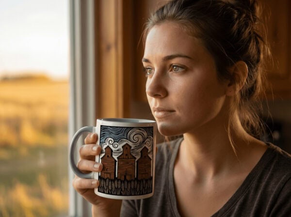 Three Elevators 15oz Mug with white exterior and coloured interior showing grain elevator design