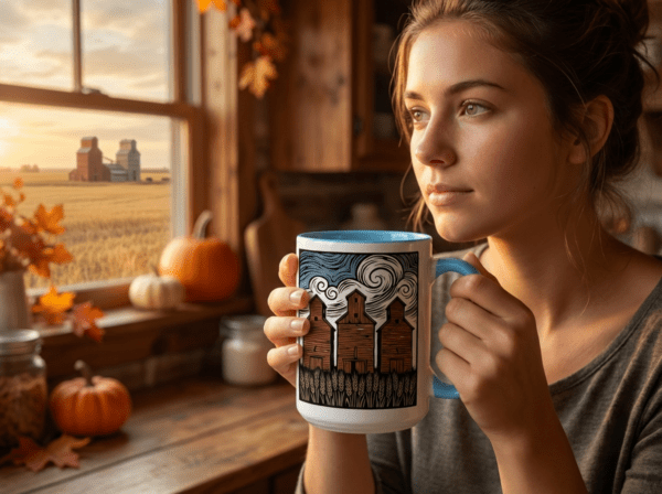 Three Elevators 15oz Mug with white exterior and coloured interior showing grain elevator design