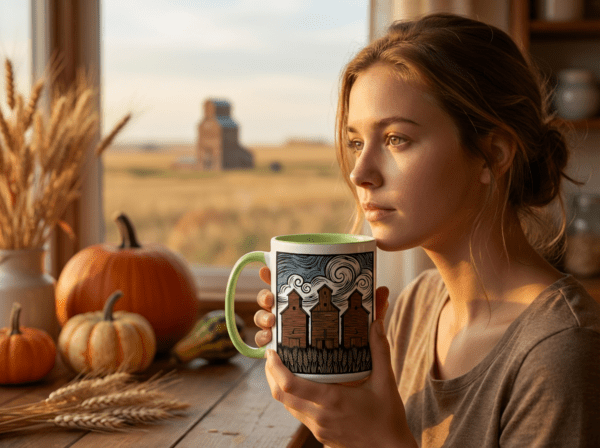 Three Elevators 15oz Mug with white exterior and coloured interior showing grain elevator design