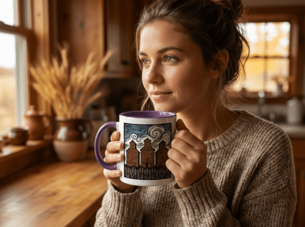 Three Elevators 15oz Mug with white exterior and coloured interior showing grain elevator design
