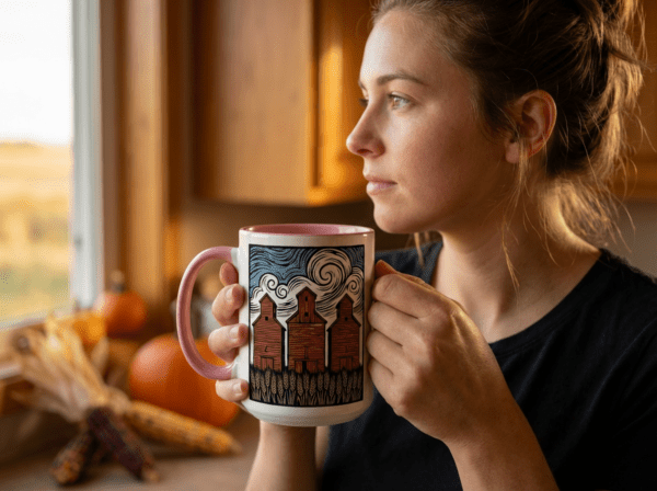 Three Elevators 15oz Mug with white exterior and coloured interior showing grain elevator design