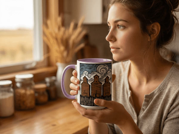 Three Elevators 15oz Mug with white exterior and coloured interior showing grain elevator design