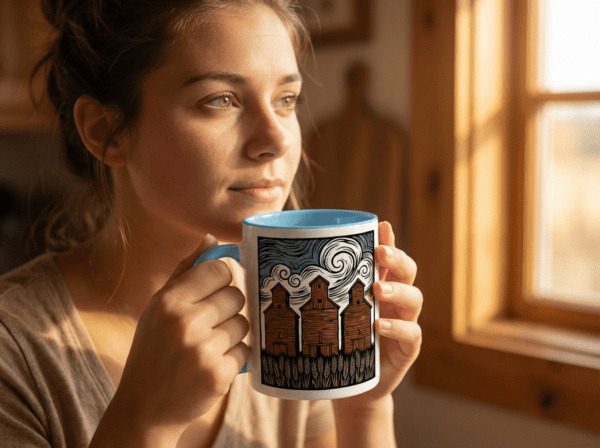 Three Elevators 15oz Mug with white exterior and coloured interior showing grain elevator design