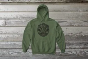 GBH00005-crocuses-koi2250-balsam-green Crocuses Bunnyhug featuring purple Saskatchewan crocus flowers on balsam-green-coloured premium fleece hoodie