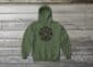 Crocuses Bunnyhug featuring purple Saskatchewan crocus flowers on balsam-green-coloured premium fleece hoodie