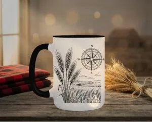 Field And Compass Mug with navigation design on white ceramic with coloured interior, Saskatchewan handcrafted coffee cup