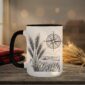 Field And Compass Mug with navigation design on white ceramic with coloured interior, Saskatchewan handcrafted coffee cup