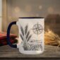 Field And Compass Mug with navigation design on white ceramic with coloured interior, Saskatchewan handcrafted coffee cup