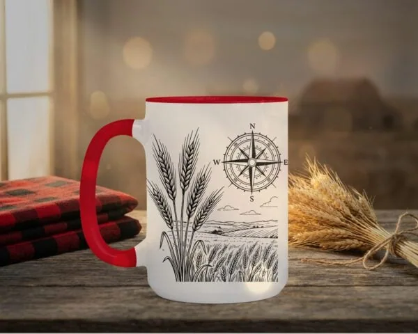 Field And Compass Mug with navigation design on white ceramic with coloured interior, Saskatchewan handcrafted coffee cup