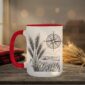 Field And Compass Mug with navigation design on white ceramic with coloured interior, Saskatchewan handcrafted coffee cup