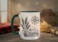 Field And Compass Mug with navigation design on white ceramic with coloured interior, Saskatchewan handcrafted coffee cup