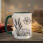 Field And Compass Mug with navigation design on white ceramic with coloured interior, Saskatchewan handcrafted coffee cup