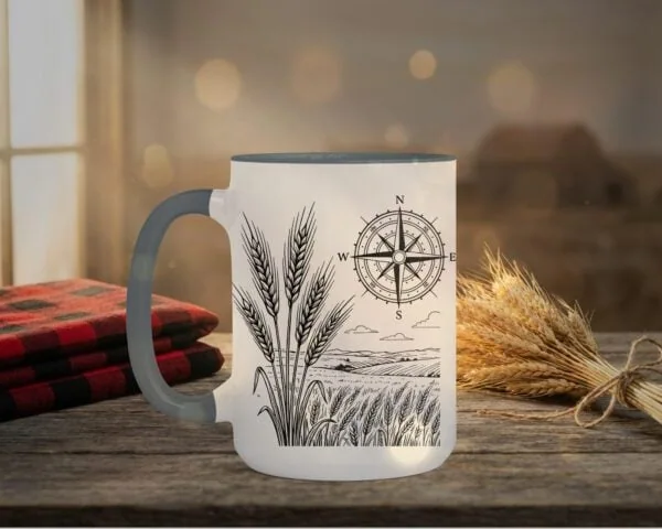 Field And Compass Mug with navigation design on white ceramic with coloured interior, Saskatchewan handcrafted coffee cup