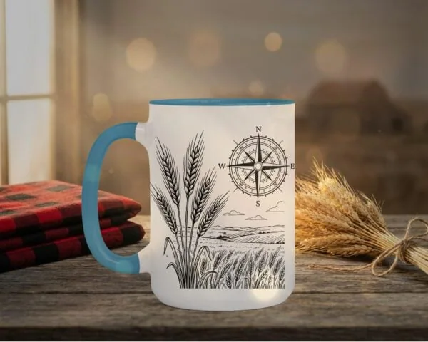 Field And Compass Mug with navigation design on white ceramic with coloured interior, Saskatchewan handcrafted coffee cup