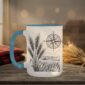 Field And Compass Mug with navigation design on white ceramic with coloured interior, Saskatchewan handcrafted coffee cup