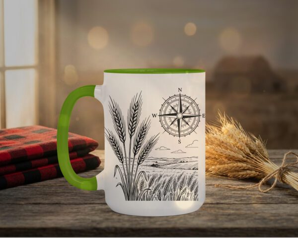Field And Compass Mug with navigation design on white ceramic with coloured interior, Saskatchewan handcrafted coffee cup